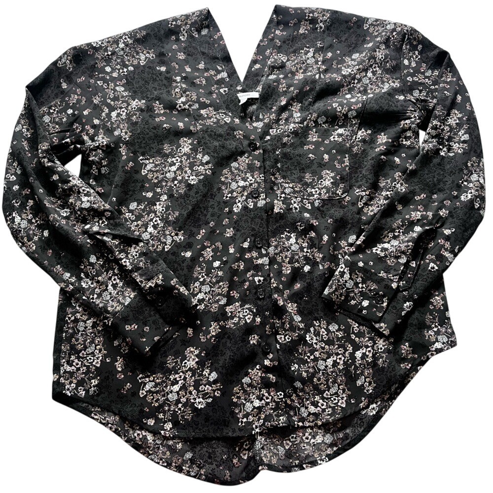 Maurices Black and White Floral Blouse with Notched Collar Women's Small